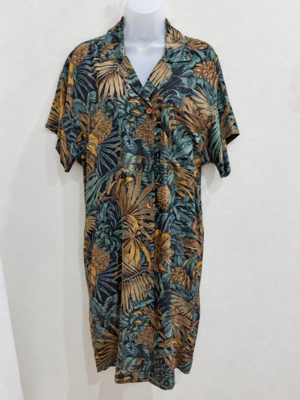 Linda Allard Ellen Tracy Shirt Dress Silk Tropical Pineapple Print Brown Size 6